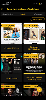 Events & Workshops mobile interface